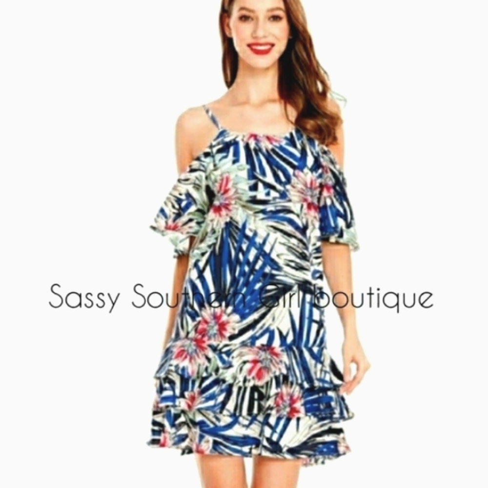 🆕⭐"Krista" Palm leaf flutter sleeve ruffle dress